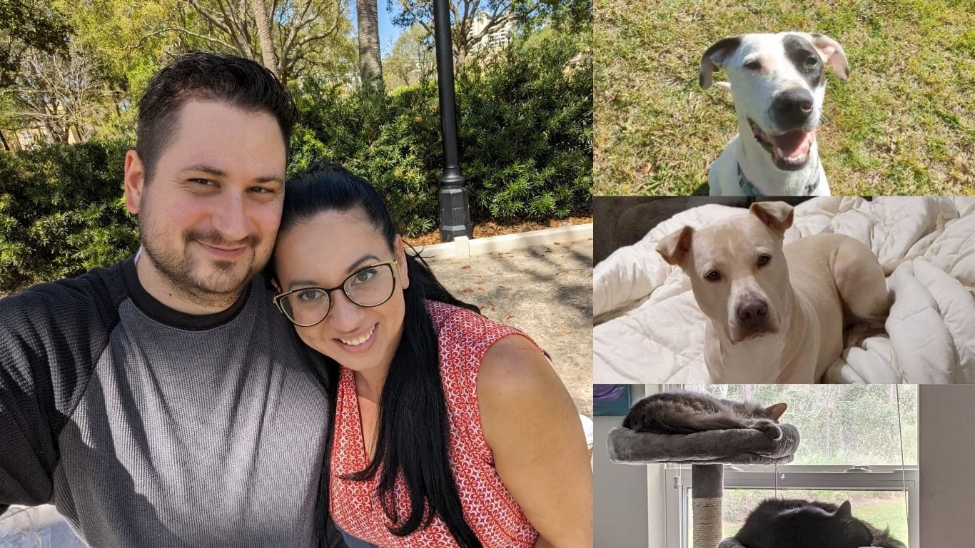 About Amanda Lunsford, CBCC-KA A collage with a pictue of Amanda and Nathan, Sonny, Applejack, Strax, and Bond